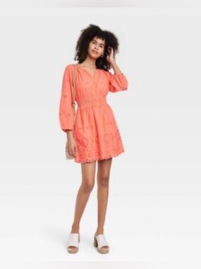 Coral Eyelet Mini Dress - Women's Summer Dress with Pockets